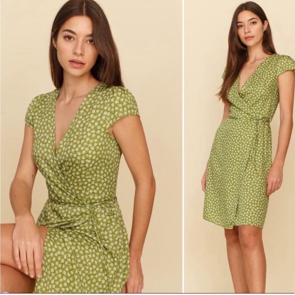 Reformation Zena Printed Side Tie Dress in Jessie Floral Green and White